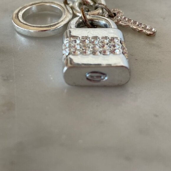 HOUSE OF HARLOW 1960 Crystal Jeweled Padlock & Key Silvertone Link Brace… - Picture 7 of 16
